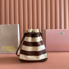 MIUMIU 26S BUCKET BAG 23 IN CREAM AND BROWN CANVAS GOLD HARDWARE