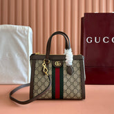GUCCI 26S OPHIDIA HANDBAG 25 IN BROWN AND DARK BEIGE CALFSKIN