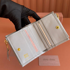 MIUMIU 26S SMALL MATELASSE CARD HOLDER 11 IN BLUE GRAY CALFSKIN GOLD HARDWARE