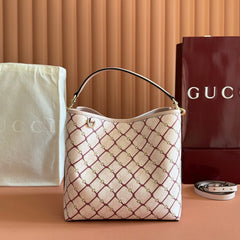 GUCCI 26S GG EMBLEM BUCKET BAG 25 IN LIGHT PINK COATED FABRIC