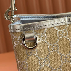 GUCCI 26S GG EMBLEM BUCKET BAG 19 IN BEIGE AND SILVER CANVAS