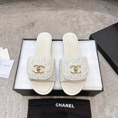 PLATFORM SLIPPERS LOGO IN WHITE TWEED AND LAMBSKIN