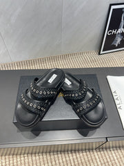 ALAIA DOUBLE-STRAP SANDALS 25S IN BLACK CALFSKIN