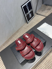 ALAIA DOUBLE-STRAP SANDALS 25S IN DARK RED CALFSKIN