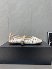 ALAIA MARY JANE FLATS WOVEN PATTERN 25S IN WHITE MIX LIGHT BEIGE CALFSKIN
