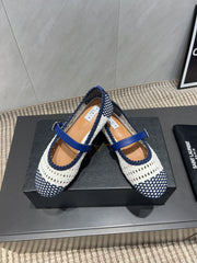 ALAIA MARY JANE FLATS WOVEN PATTERN 25S IN WHITE MIX NAVY BLUE CALFSKIN