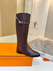 HM 25S KNEE-HIGH FLAT BOOTS IN DARK BROWN LAMBSKIN WITH SILVER HARDWARE