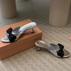Silver Mid - Heels With Black Bow Calfskin
