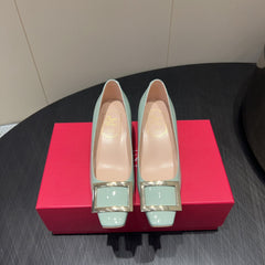 ROGER VIVIER 25S BELLE VIVIER PUMPS 45MM IN PALE MINT GREEN CALFSKIN GOLD BUCKLE