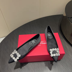 ROGER VIVIER 25S GRETE BALLET FLATS IN BLACK SILK WITH EMBELLISHED CRYSTALS