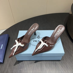 PRADA 25S BRAIDED DETAIL MULES 85MM IN DARK BROWN CALFSKIN