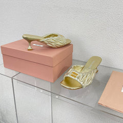 Women's Mid - Heel Metallic Yellow Color Leather Stylized