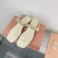 Pearl Chain Flip-Flops Apricot Color Leather