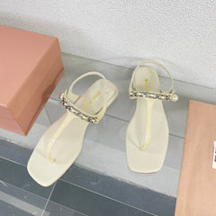 Pearl Chain Flip-Flops Apricot Color Leather