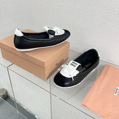 Black Leather Ballet Flats With White