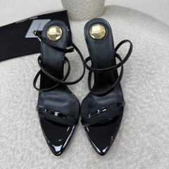YSL 25S STRAPPY HIGH-HEEL SANDALS 95 MM IN BLACK SHINY LAMBSKIN