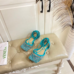 LACE-UP FLAT SANDAL IN CERULEAN BLUE METALLIZED MESH AND LEATHER WITH RHINSTONES