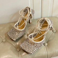LACE-UP SANDAL IN WHITE CREAM METALLIZED MESH AND LEATHER WITH RHINSTONES 9 CM