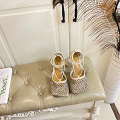 LACE-UP SANDAL IN WHITE CREAM METALLIZED MESH AND LEATHER WITH RHINSTONES 9 CM