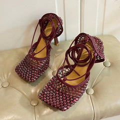 LACE-UP SANDAL IN SANGRIA RED METALLIZED MESH AND LEATHER WITH RHINSTONES 9 CM