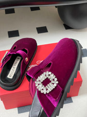 ROGER VIVIER 25S VIV' RANGERS MULES IN DARK MAGENTA VELVET EMBELLISHED CRYSTALS