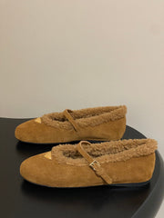 PRADA 25S MARY JANE FLATS IN DARK WALNUT BROWN SUEDE WITH GOLD HARDWARE