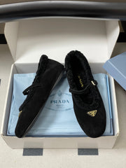 PRADA 25S MARY JANE FLATS IN BLACK SUEDE WITH GOLD HARDWARE