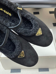 PRADA 25S MARY JANE FLATS IN BLACK SUEDE WITH GOLD HARDWARE