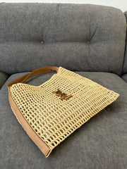 OXALIS 40 IN RAFFIA CROCHET AND LEATHER VINTAGE BROWN