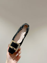 BELLE VIVIER BALLERINAS IN BLACK SHINY LAMBSKIN GOLD PATENT SQUARE BUCKLE