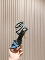 YSL 25S STRAPPY HIGH-HEEL SANDALS 100 MM IN MIDNIGHT BLUE SATIN