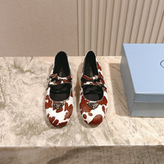 PRADA 25S CRYSTAL EMBELLISHED BALLERINA IN WHITE AND DARK BROWN FUR