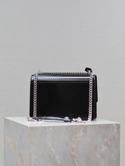 YSL 25S SUNSET MEDIUM 22 IN BLACK SHINY CALFSKIN SILVER HARDWARE