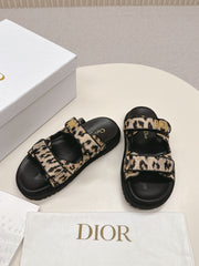 DIOR CLASSIC DOUBLE-STRAP SLIDES 25S IN BROWN MIX BLACK FABRIC AND CALFSKIN WITH LEOPARD PRINT