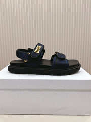 DIOR BACK-STRAP SANDALS 25S IN MIDNIGHT BLUE FABRIC AND BLACK CALFSKIN WITH GOLD HARDWARE