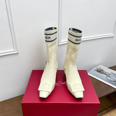 BELLE VIVIER SOCK LACQUERED BUCKLE ANKLE BOOTS IN OFF WHITE CALFSKIN AND TECHNICAL FABRIC