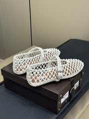 ALAIA MARY JANE FLATS 25S IN WHITE MESH CALSKIN WITH SILVER HARDWARE