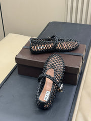 ALAIA MARY JANE FLATS 25S IN BLACK MESH CALSKIN WITH SILVER HARDWARE