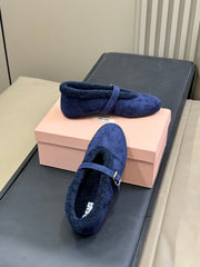 ALAIA 25S MARY JANE SHEARLING FLATS IN DARK BLUE SUEDE