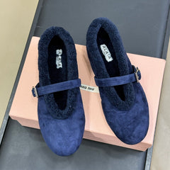 ALAIA 25S MARY JANE SHEARLING FLATS IN DARK BLUE SUEDE