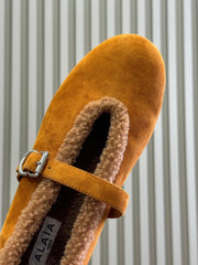 ALAIA 25S MARY JANE SHEARLING FLATS IN DARK CARAMEL SUEDE