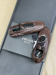 PRADA 25S COLLAPSE FLAT SHOES IN DARK BROWN CALFSKIN