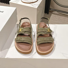 CELINE 25S TIPPI TRIOMPHE SANDAL IN DARK OLIVE CALFSKIN SUEDE