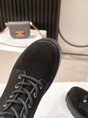 CELINE 25S HIGH HEELED LACE UP BOOTS 50MM IN BLACK SUEDE