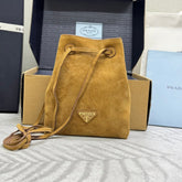 PRADA 25S BUCKET BAG 20 IN LIGHT CARAMEL SUEDE GOLD HARDWARE
