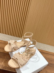 DIOR ADIORABLE SANDALS 25S IN LIGHT BEIGE FABRIC AND LAMBSKIN WITH PEARL DETAILING