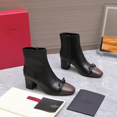 VALENTINO 25S VALET DU ROI ANKLE BOOTS 60 MM IN BLACK MIX DARK BROWN CALFSKIN WITH BOW