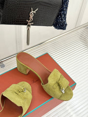 HIGH HEELS IN MOSS YELLOW SUEDE AND LAMBSKIN