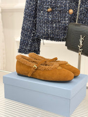 PRADA 25S MARY JANE FLATS IN BROWN SUEDE WITH GOLD HARDWARE