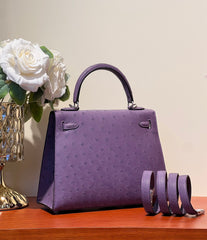 KELLY SELLIER 25 BAG IN ROYAL PURPLE OSTRICH LEATHER WITH SILVER HARDWARE